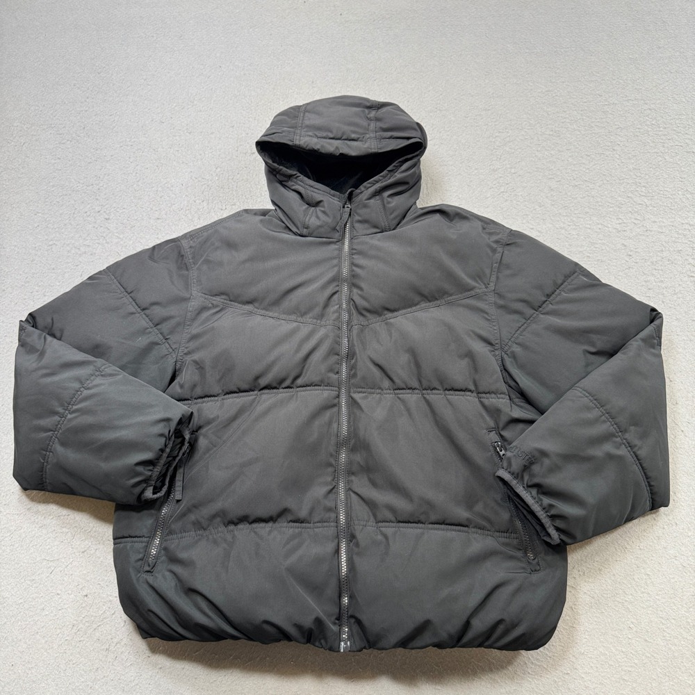 Hollister Puffer Jacket Men's Large Black Faux Fur Lined Hooded Quilted Outdoor
